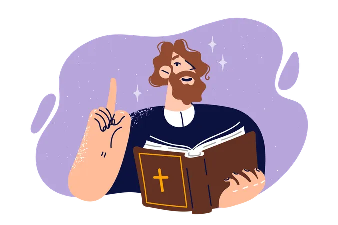 Man Priest With Bible Points Finger Up Giving Instructions To Parishioners Want To Join Christian Religion Book With Catholic Cross In Hands Of Priest From Church Reading Sermon About God Illustration