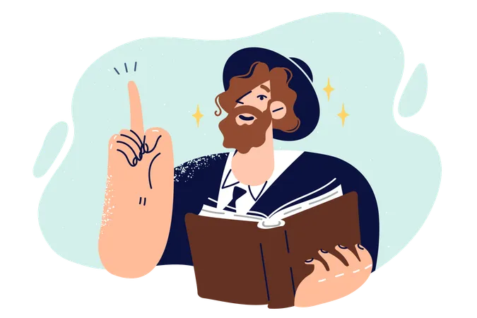 Man in jewish national clothing and hat holds torah book and points finger upward  Illustration