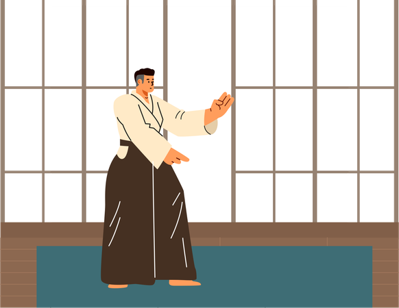 Man In Kimono Practicing Martial Pose  Illustration