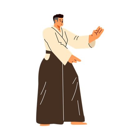 Man in kimono practicing martial pose  Illustration