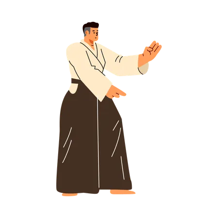 Man in kimono practicing martial pose  Illustration