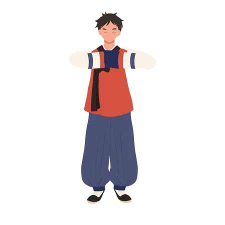Man In Korean Traditional Suit Hanbok Is Greeting Or Salutation Illustration