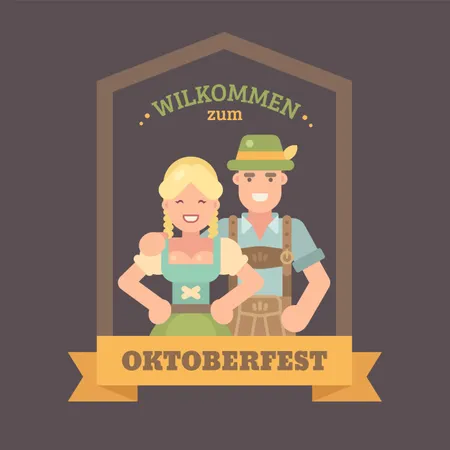 Man in lederhosen and girl in dirndl dress  Illustration