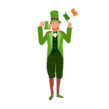 Man in Leprechaun Costume Holding Beer Mug and flag  Illustration