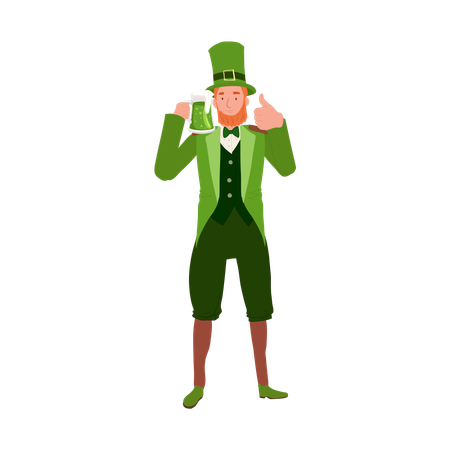 Man in Leprechaun Costume Holding Beer Mug and showing thumb up  Illustration