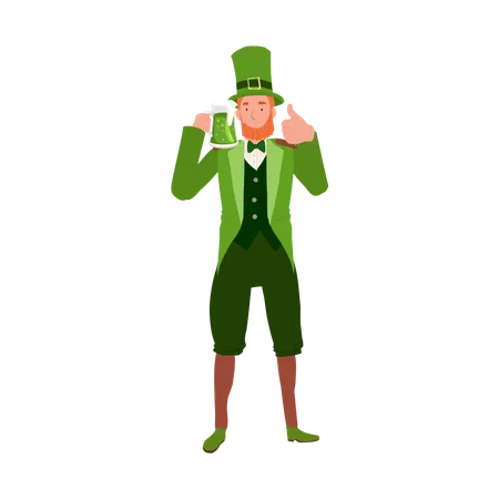 Man in Leprechaun Costume Holding Beer Mug and showing thumb up  Illustration