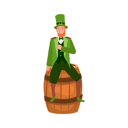 Man in Leprechaun Costume sitting on oak barrel  イラスト