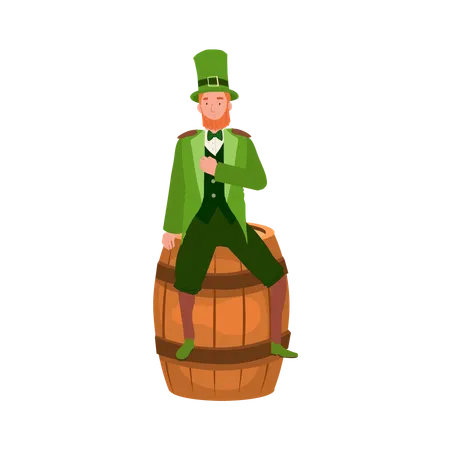 St Patricks Day Celebration Man In Leprechaun Costume Sitting On Oak Barrel Illustration