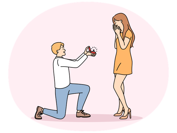 Man in love kneeling down gives ring to beloved offering to marry and play wedding  Illustration
