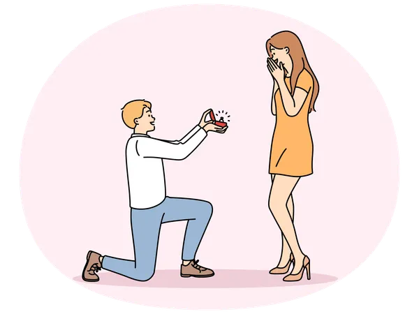 Man in love kneeling down gives ring to beloved offering to marry and play wedding  Illustration
