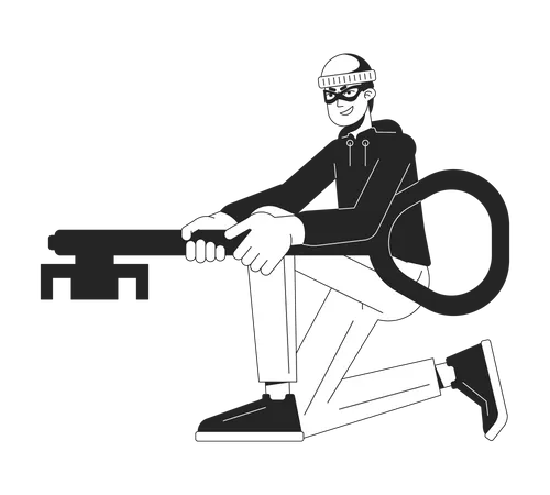 Man In Mask Holding Key Flat Line Black White Vector Character Trying To Open Editable Outline Full Body Person Simple Cartoon Isolated Spot Illustration For Web Graphic Design Illustration