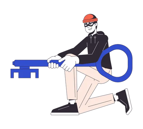 Man In Mask Holding Key Flat Line Color Vector Character Trying To Open Editable Outline Full Body Person On White Simple Cartoon Spot Illustration For Web Graphic Design 일러스트레이션