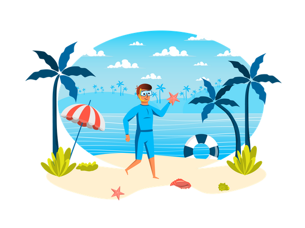 Man in mask holding starfish  Illustration