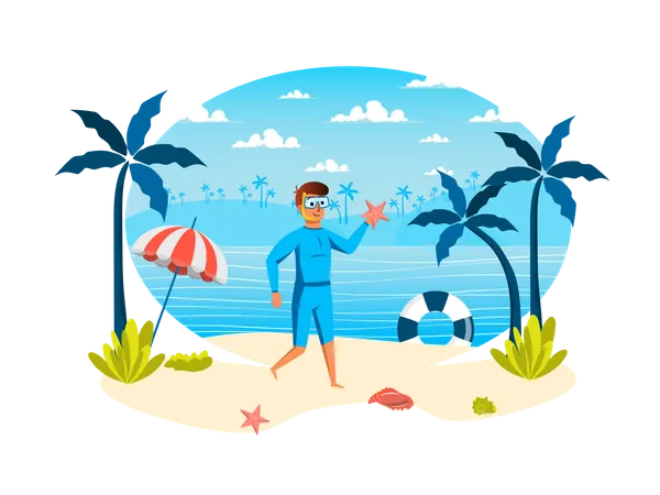 Man in mask holding starfish  Illustration