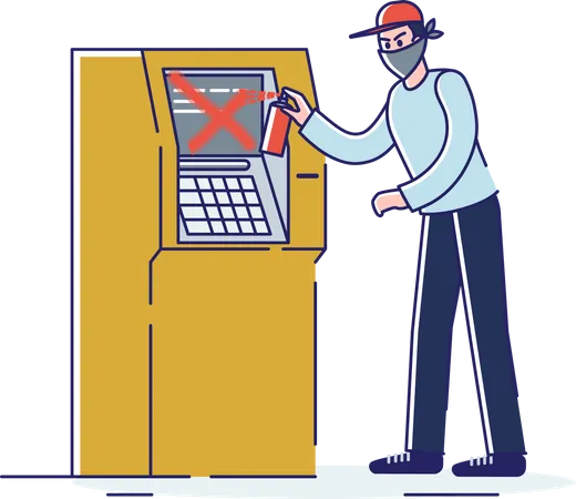 Man In Mask Painting On Atm Machine Riot Aggression Violence And Anonymous Destruction Street Vandal And Vandalism Concept Cartoon Linear Illustration Illustration