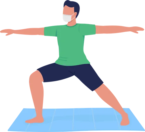 Man In Mask Practicing Yoga Flat Color Vector Faceless Character Fitness For Healthy Lifestyle During Pandemic Meditation Isolated Cartoon Illustration For Web Graphic Design And Animation Illustration