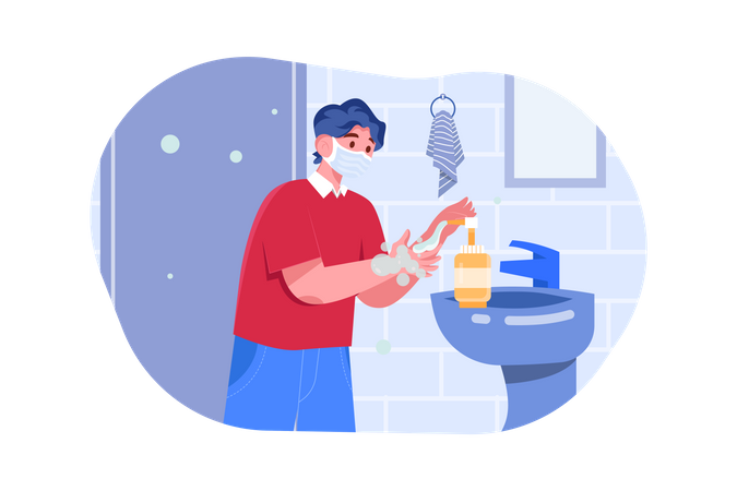 Man in Medical Mask Standing at Sink and Washing Hands Illustration