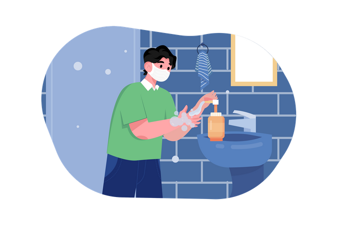 Man in Medical Mask Standing at Sink and Washing Hands  Illustration