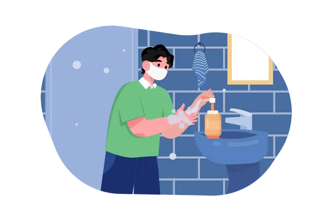 Man in Medical Mask Standing at Sink and Washing Hands  Illustration