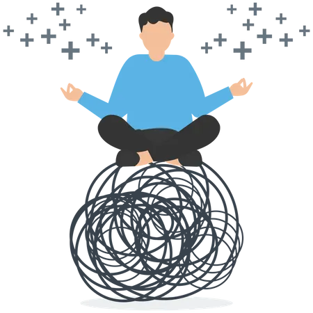 Man in meditation on chaos mess line with positive energy  Illustration