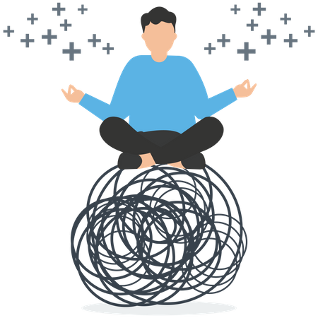 Man in meditation on chaos mess line with positive energy  Illustration