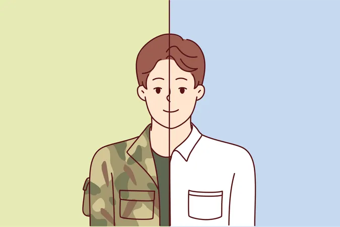 Man In Military And Office Clothes Simultaneously Symbolizes Dismissal From Army And Beginning Of Civilian Career Guy Is Former Military Man Who Became Manager Or Opened Own Business Illustration
