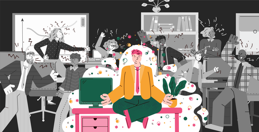 Man in office doing meditation yoga while people around are in conflict  Illustration