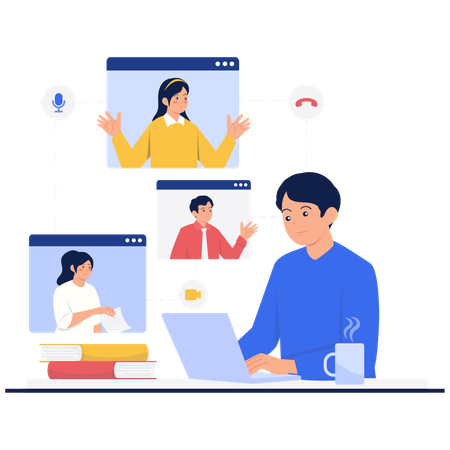 Man in Online Group Video Call  Illustration