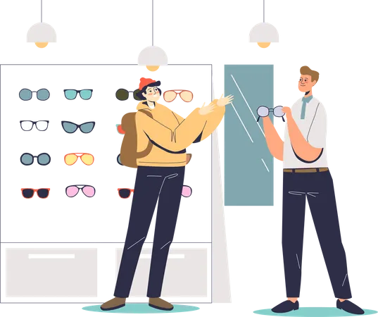 Young Hipster Man In Optics Store Trying Fashionable Eyeglasses With Male Shop Assistant Cartoon Guy Choosing Glasses Flat Vector Illustration Illustration