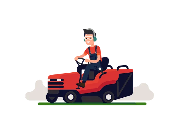 Man in overalls mows lawn grass with ride on mower going back and forth  Illustration
