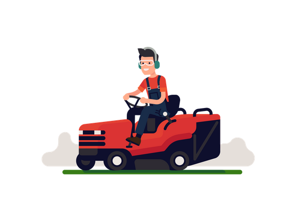 Man in overalls mows lawn grass with ride on mower going back and forth  Illustration