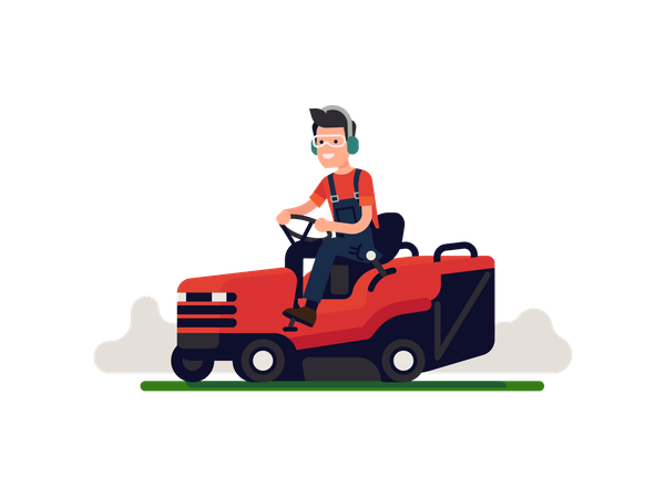 Man in overalls mows lawn grass with ride on mower going back and forth  Illustration