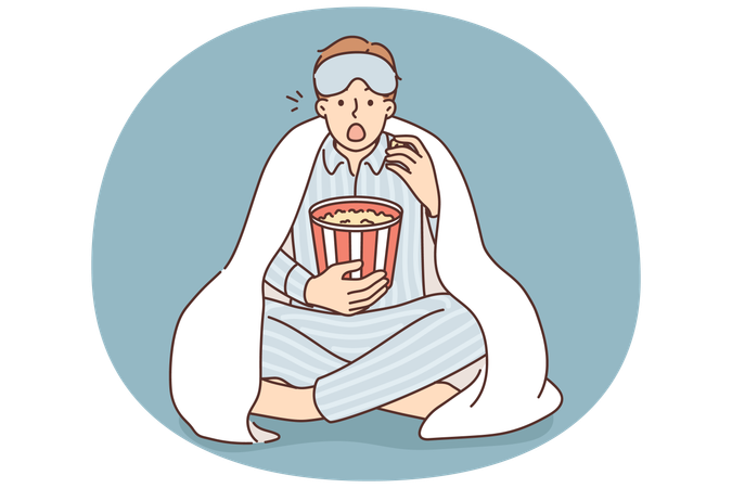 パジャマ姿の男性がポップコーンを食べながら映画を観ている  イラスト