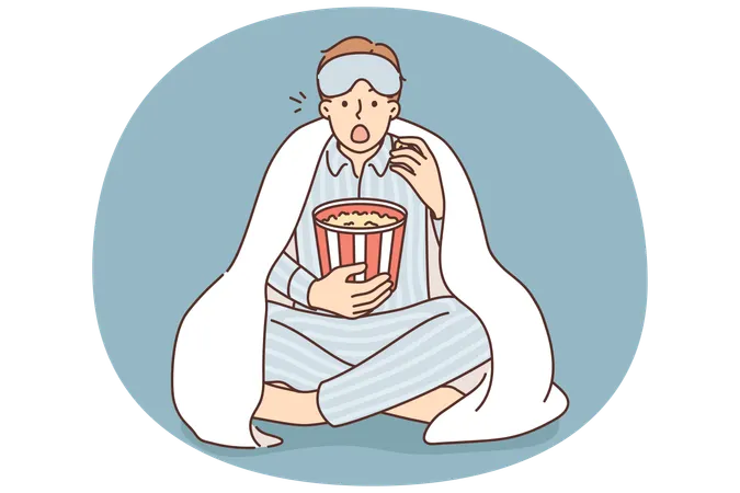 パジャマ姿の男性がポップコーンを食べながら映画を観ている  イラスト