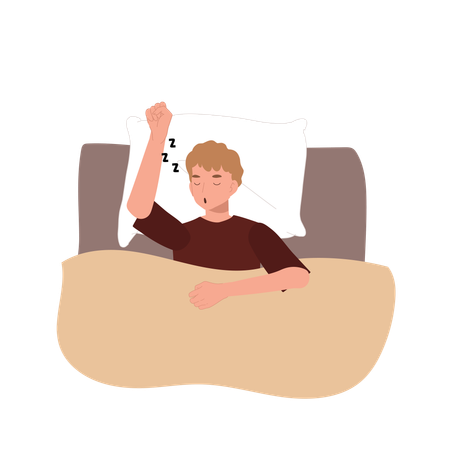 Man in pajamas sleeping on bed with Zzz sign in a restful nighttime  Illustration