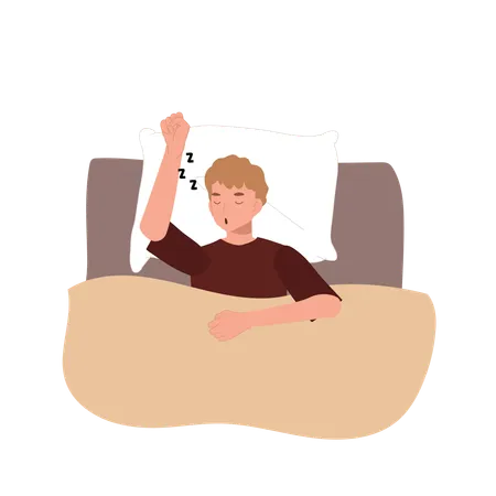 Man in pajamas sleeping on bed with Zzz sign in a restful nighttime  Illustration