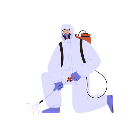 Man in protection suit and disinfection process  Illustration