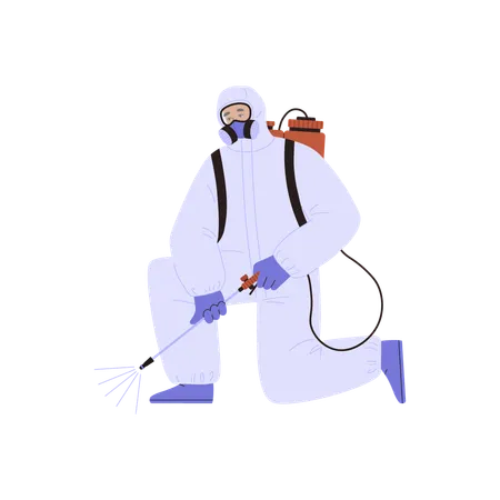 Man in protection suit and disinfection process  Illustration