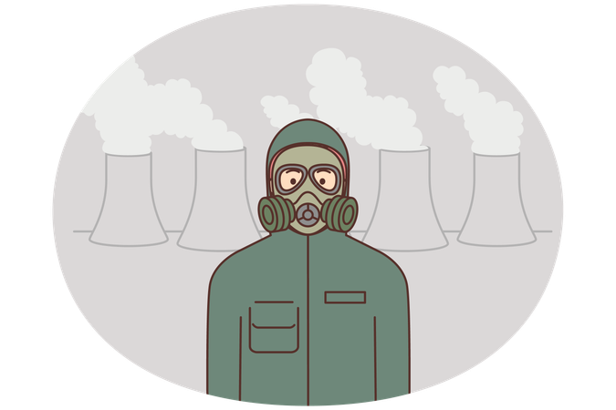 Man in protective costume near chemical factory  Illustration