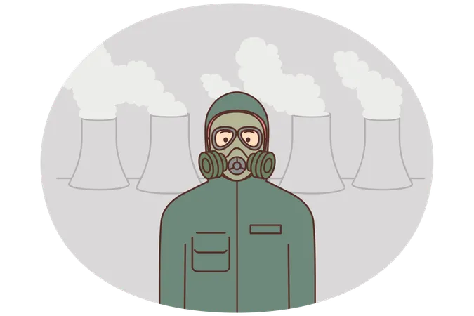 Man in protective costume near chemical factory  Illustration
