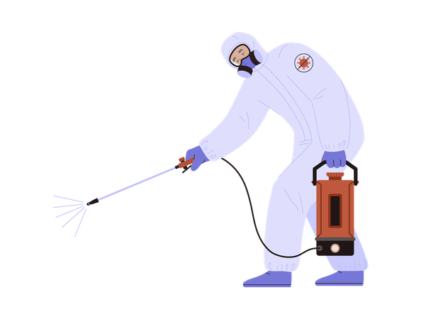 Man in protective suit bent over and disinfects with special equipment  Illustration