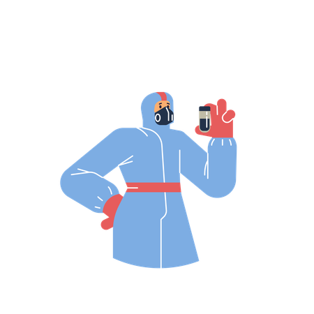 Man in protective suit with flask in his hands  Illustration