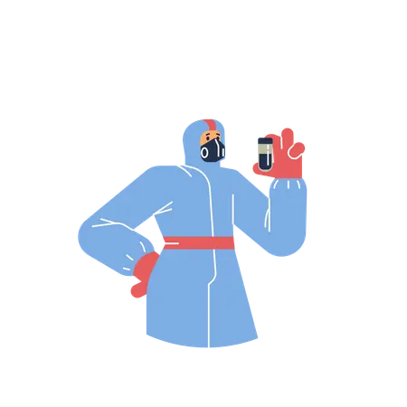 Man in protective suit with flask in his hands  Illustration