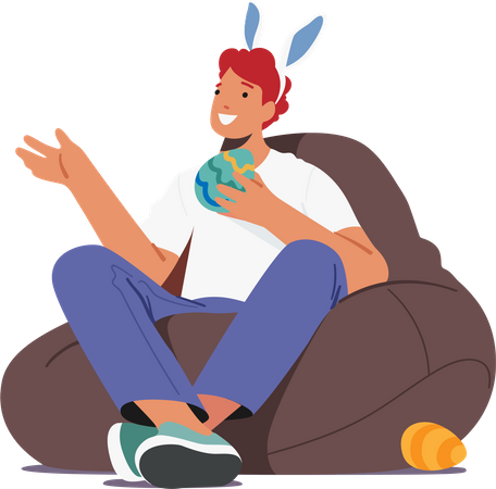 Man in Rabbit Ears Holding Decorated Egg  Illustration