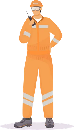 Man In Reflective Suit Flat Color Vector Faceless Character Industrial Worker Wearing Orange Uniform Engineer With Radio Set Isolated Cartoon Illustration For Web Graphic Design And Animation Illustration