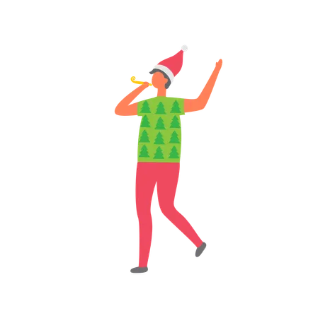 Man In Santa Claus Hat With Whistle Dressed In Green T Shirt With Spruce And Pine Trees Red Trousers Person Celebrating Christmas New Year Eve Vector Illustration