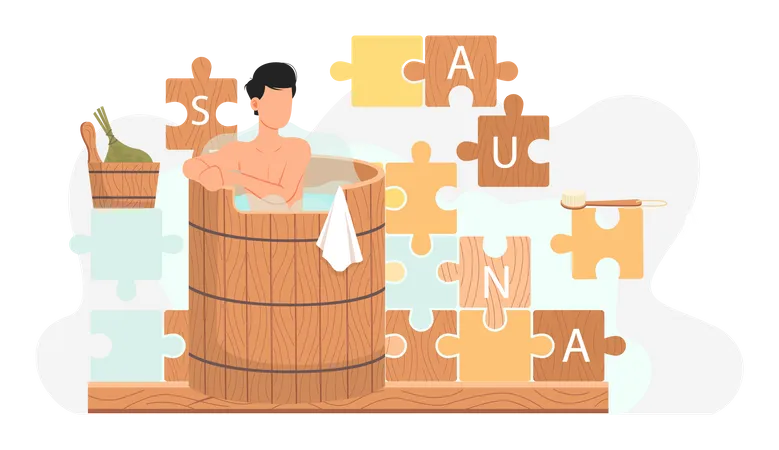Guy Stands In Barrel And Bathes Man In Wooden Tub Against Background Of Pieces Of Puzzle With Inscription Sauna Male Character In Hot Steam Person Resting In Container With Boiling Water Illustration