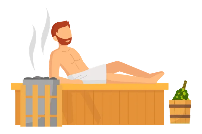 Man In White Towel Rest On Wooden Bench At Hot Steam Sauna Relaxing And Wellness In Finnish Russian Bath Or Spa Center Heat Therapy Relaxation And Health Care Bathing Character Wellness Procedure Illustration