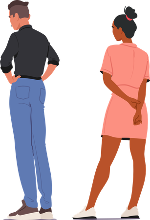 Man In Shirt And Pant Standing With His Back Turned while Next To Woman In Pink Dress  Illustration