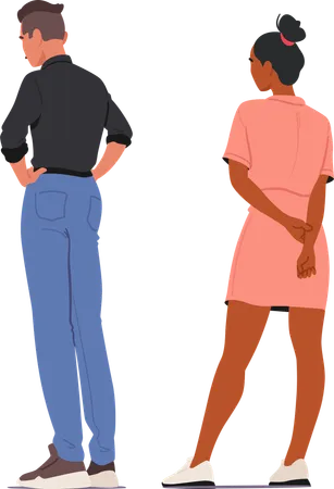 Man In Shirt And Pant Standing With His Back Turned while Next To Woman In Pink Dress  Illustration